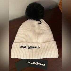 Karl Lagerfeld Ribbed White Knit Hat Beanie with Black Logo&Sparkly sunglasses
